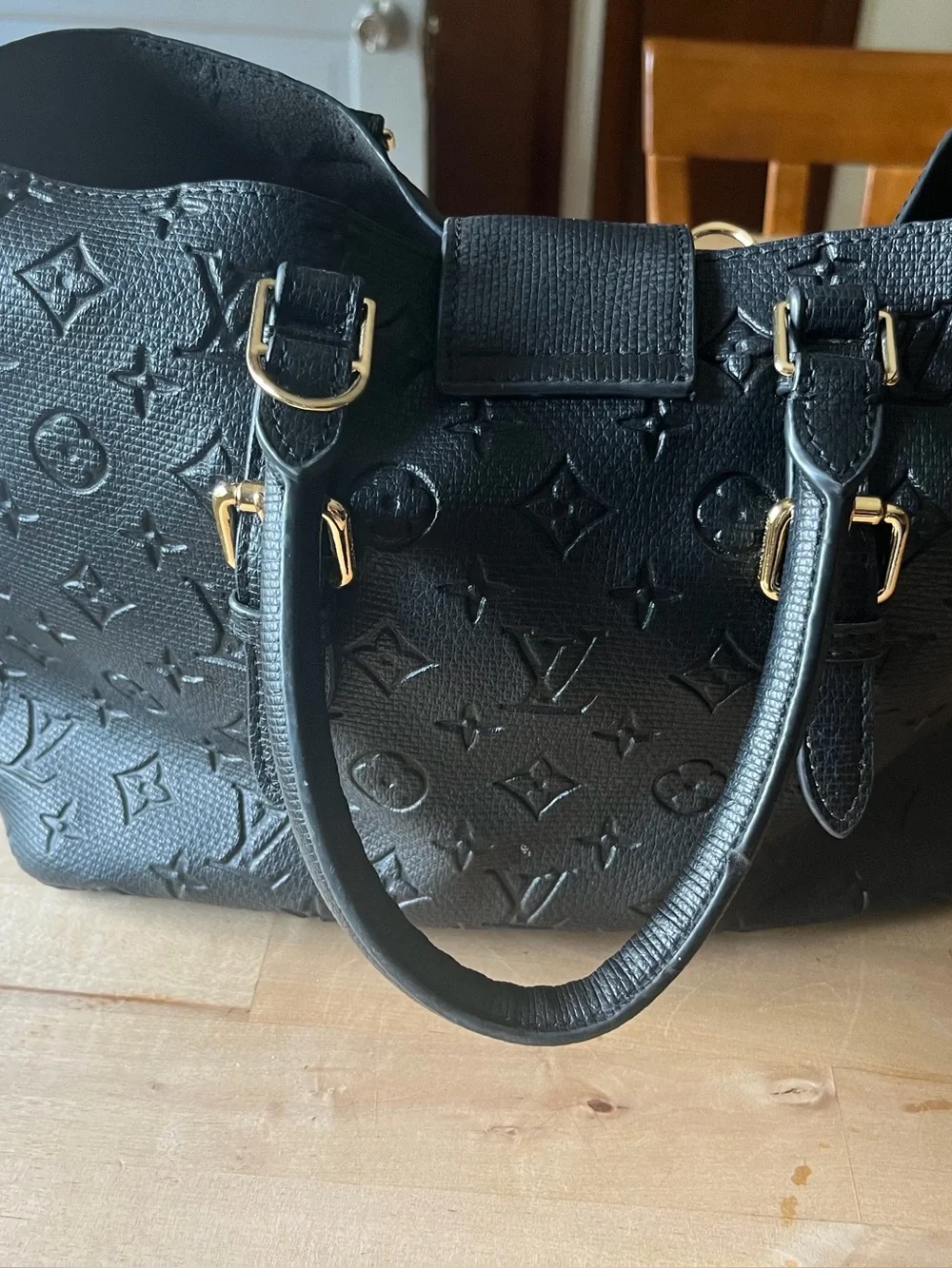 Black Embossed Monogram Tote Bag with Gold Hardware